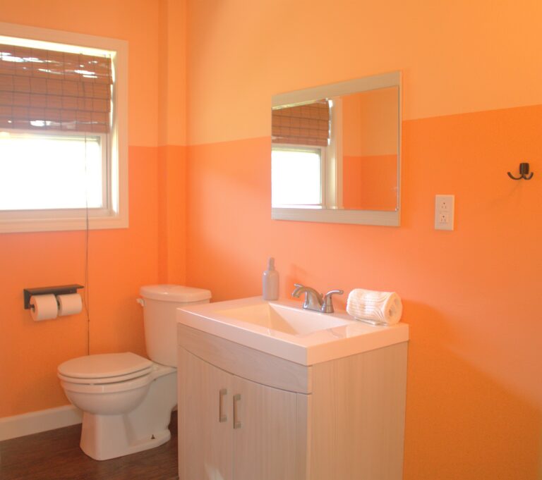 Half bathroom with orange walls
